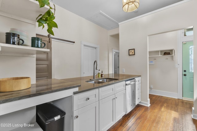612 E Ormsby Ave, Louisville, KY 40203 - kitchen featuring a sink, stainless steel dishwasher, white cabinets, hardwood / wood-style flooring, and dark stone counters