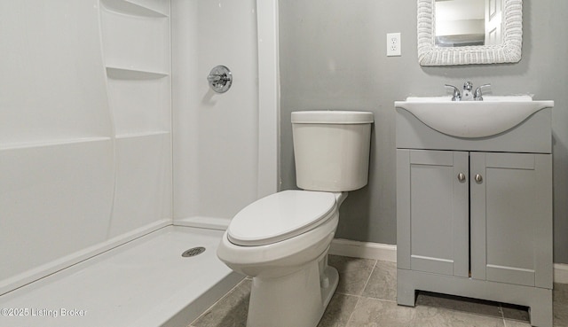 full bath featuring toilet, a shower stall, and vanity