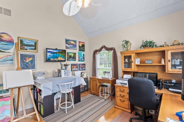 15815 Crystal Valley Way, Louisville, KY 40299 - home office featuring light wood-type flooring, ceiling fan, and high vaulted ceiling