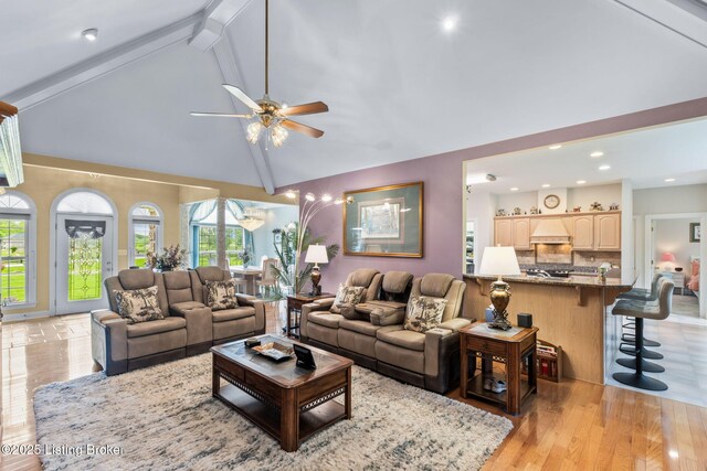 15815 Crystal Valley Way, Louisville, KY 40299 - living room with a ceiling fan, beam ceiling, light wood-style flooring, high vaulted ceiling, and recessed lighting