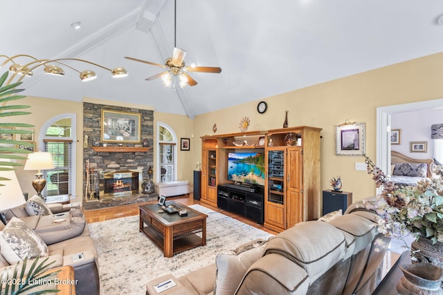 15815 Crystal Valley Way, Louisville, KY 40299 - living room featuring ceiling fan, wood finished floors, and a stone fireplace
