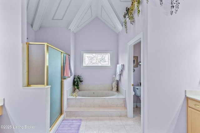 15815 Crystal Valley Way, Louisville, KY 40299 - bathroom with vanity, a shower stall, lofted ceiling, a bath, and tile patterned floors