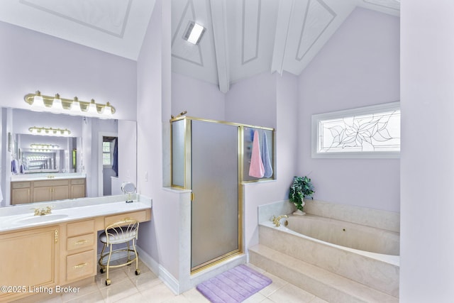 15815 Crystal Valley Way, Louisville, KY 40299 - full bath with lofted ceiling, a shower stall, tile patterned flooring, vanity, and a bath