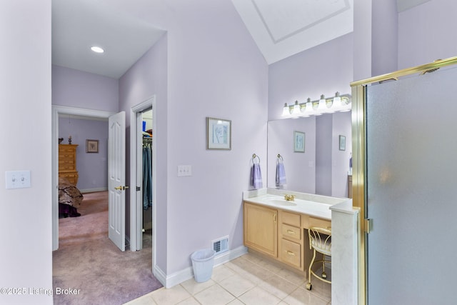 15815 Crystal Valley Way, Louisville, KY 40299 - bathroom featuring a stall shower, vanity, baseboards, a spacious closet, and tile patterned flooring
