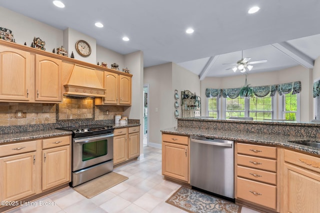 15815 Crystal Valley Way, Louisville, KY 40299 - kitchen with appliances with stainless steel finishes, premium range hood, a ceiling fan, backsplash, and light brown cabinets