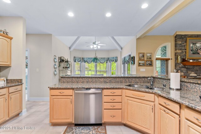 15815 Crystal Valley Way, Louisville, KY 40299 - kitchen with dishwasher, light brown cabinetry, a sink, ceiling fan, and dark stone counters