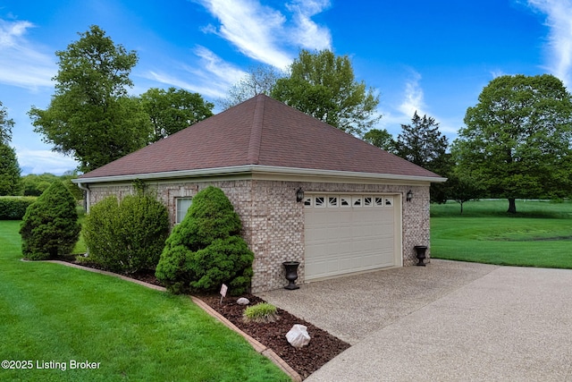 15815 Crystal Valley Way, Louisville, KY 40299 - view of side of property featuring concrete driveway, a lawn, roof with shingles, brick siding, and an attached garage