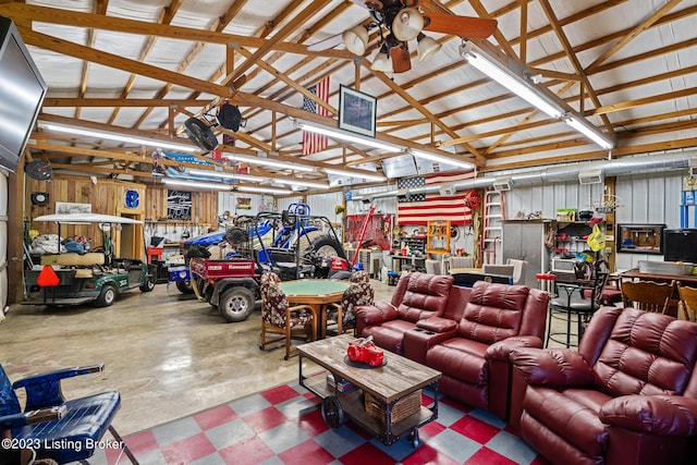 garage with ceiling fan
