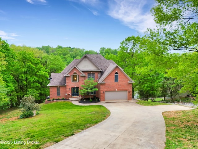 302 Hampton Rd, Brandenburg, KY 40108 - view of front of house featuring a front yard, roof with shingles, brick siding, concrete driveway, and an attached garage