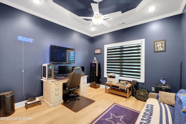 302 Hampton Rd, Brandenburg, KY 40108 - office space featuring crown molding, ceiling fan, baseboards, wood finished floors, and a tray ceiling