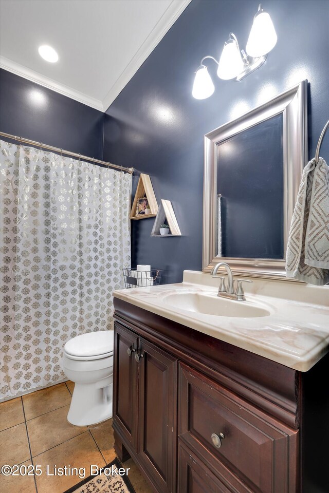 302 Hampton Rd, Brandenburg, KY 40108 - bathroom featuring tile patterned flooring, crown molding, toilet, and vanity