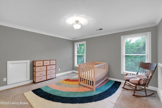 302 Hampton Rd, Brandenburg, KY 40108 - carpeted bedroom featuring crown molding, baseboards, and visible vents