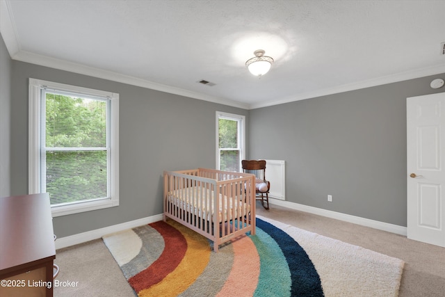 302 Hampton Rd, Brandenburg, KY 40108 - carpeted bedroom featuring crown molding, baseboards, and visible vents