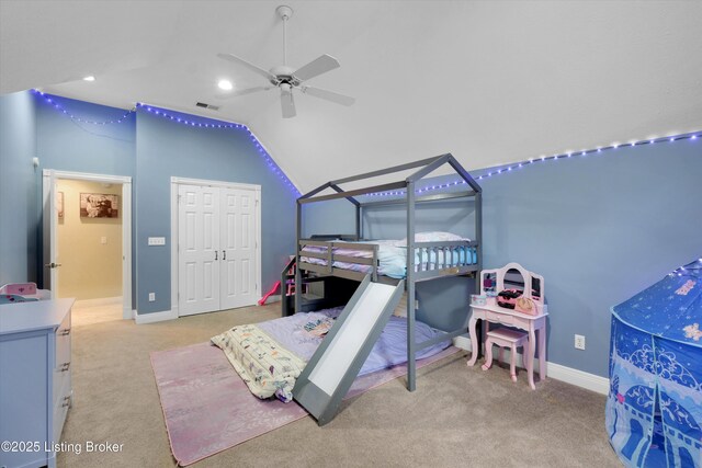 302 Hampton Rd, Brandenburg, KY 40108 - bedroom featuring baseboards, visible vents, light carpet, and vaulted ceiling