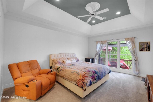 302 Hampton Rd, Brandenburg, KY 40108 - carpeted bedroom featuring ceiling fan, access to exterior, baseboards, a tray ceiling, and recessed lighting