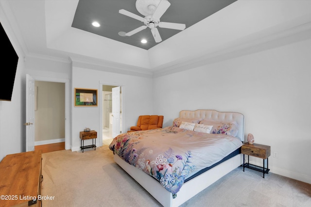 302 Hampton Rd, Brandenburg, KY 40108 - carpeted bedroom featuring baseboards, ensuite bathroom, recessed lighting, a tray ceiling, and a ceiling fan
