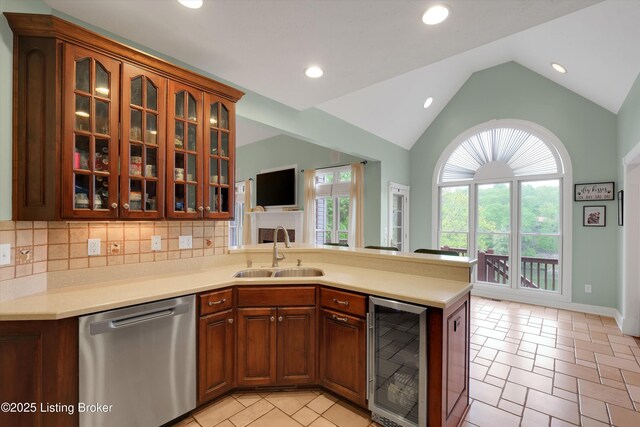 302 Hampton Rd, Brandenburg, KY 40108 - kitchen with dishwasher, a sink, a peninsula, beverage cooler, and glass insert cabinets