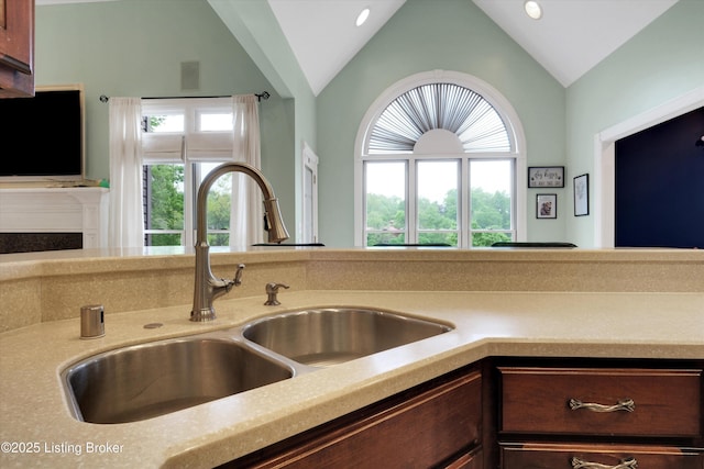 302 Hampton Rd, Brandenburg, KY 40108 - kitchen with a sink, light countertops, and lofted ceiling