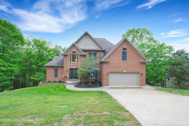 302 Hampton Rd, Brandenburg, KY 40108 - view of front of property featuring brick siding, a garage, a front yard, and concrete driveway