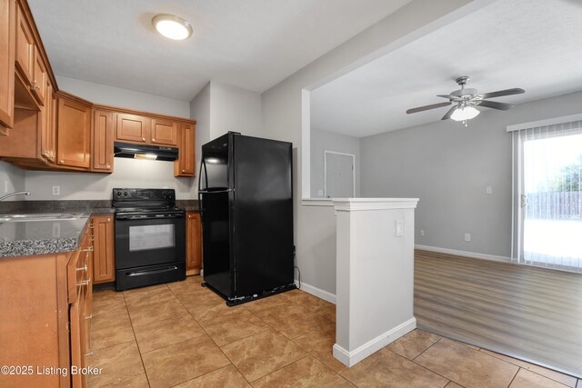3600 Hillcross Dr, Louisville, KY 40229 - kitchen with black appliances, under cabinet range hood, a sink, brown cabinets, and a ceiling fan