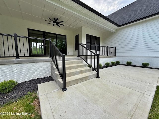 2045 W Rhudes Creek Rd, Elizabethtown, KY 42701 - exterior space with ceiling fan, a shingled roof, and a patio area