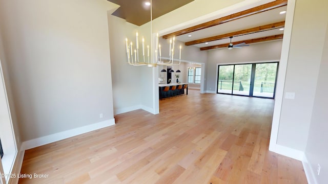 2045 W Rhudes Creek Rd, Elizabethtown, KY 42701 - unfurnished living room with beam ceiling, a ceiling fan, baseboards, recessed lighting, and light wood-type flooring