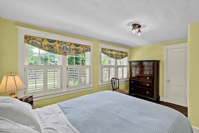 bedroom with multiple windows and wood finished floors