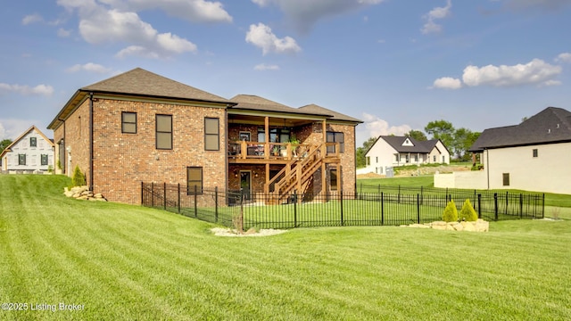 157 Tommy Ct, Shepherdsville, KY 40165 - rear view of property with a wooden deck, brick siding, a fenced backyard, a yard, and stairs