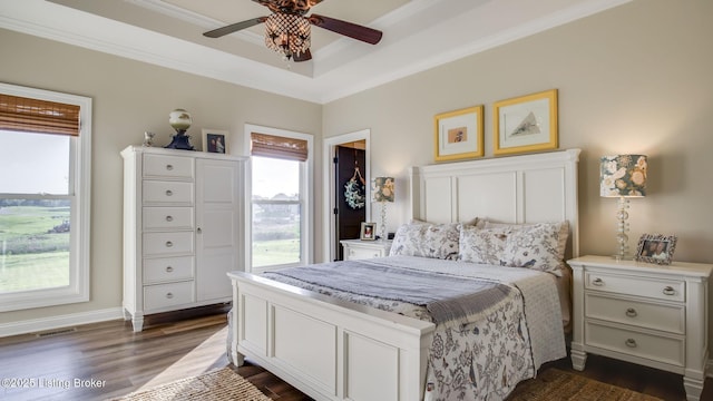 157 Tommy Ct, Shepherdsville, KY 40165 - bedroom featuring a raised ceiling, ornamental molding, dark wood-style floors, and ceiling fan