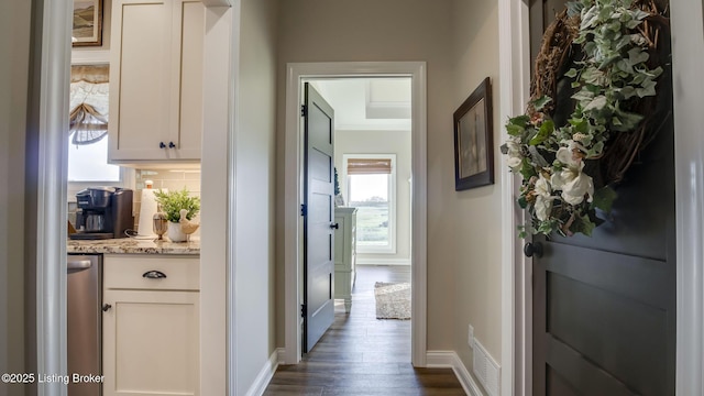 157 Tommy Ct, Shepherdsville, KY 40165 - corridor with baseboards, dark wood finished floors, ornamental molding, and visible vents
