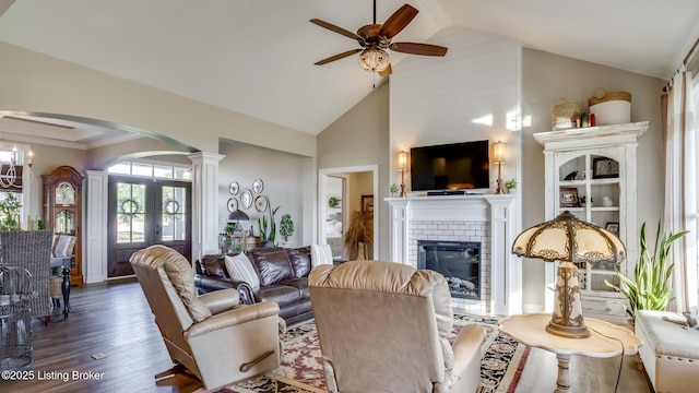 157 Tommy Ct, Shepherdsville, KY 40165 - living area featuring ceiling fan, a brick fireplace, arched walkways, high vaulted ceiling, and wood finished floors