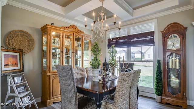 157 Tommy Ct, Shepherdsville, KY 40165 - dining room with a chandelier, wood finished floors, beamed ceiling, ornamental molding, and coffered ceiling