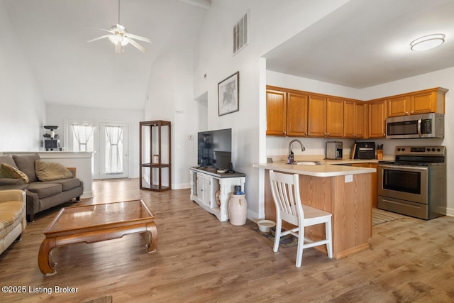 kitchen with a sink, high vaulted ceiling, stainless steel appliances, open floor plan, and a ceiling fan