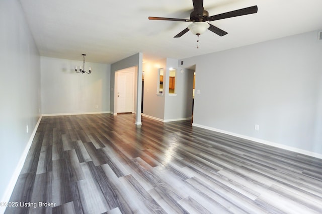 404 La Fontenay Ct, Louisville, KY 40223 - unfurnished living room with baseboards, ceiling fan with notable chandelier, and wood finished floors