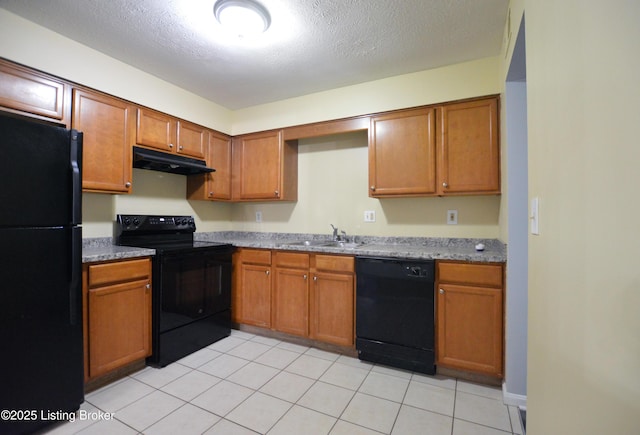404 La Fontenay Ct, Louisville, KY 40223 - kitchen with brown cabinetry, a sink, under cabinet range hood, and black appliances