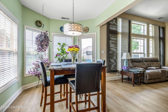 dining space featuring visible vents, light wood finished floors, and baseboards