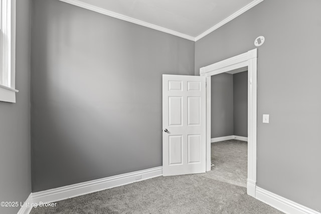 carpeted spare room featuring crown molding and baseboards