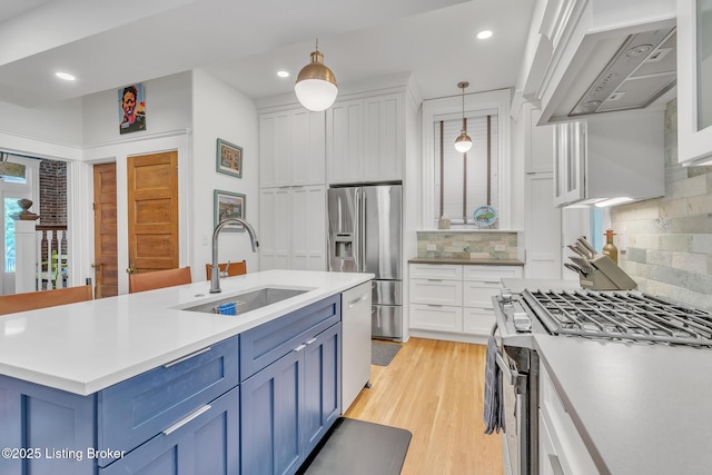 kitchen featuring a sink, stainless steel appliances, blue cabinetry, custom exhaust hood, and white cabinets