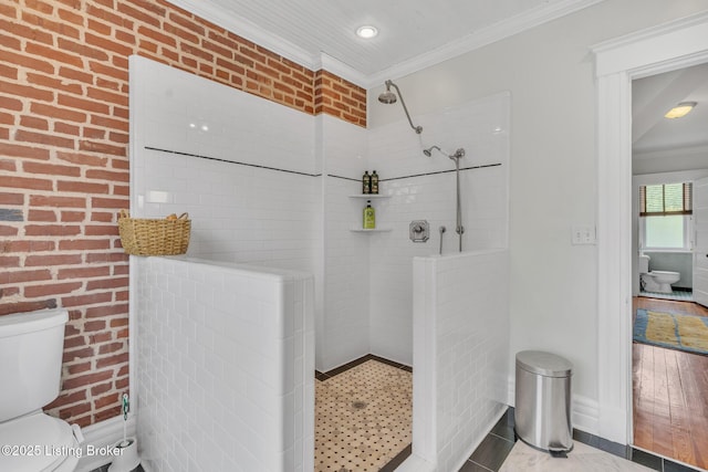 bathroom featuring a walk in shower, ornamental molding, toilet, and recessed lighting