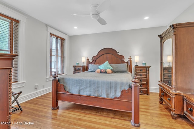 bedroom featuring light wood finished floors, baseboards, recessed lighting, and a ceiling fan