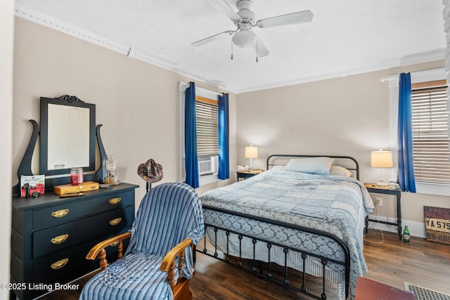 717 Highland Ave, Carrollton, KY 41008 - bedroom with crown molding, a ceiling fan, wood finished floors, and cooling unit