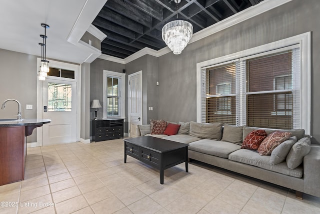 1332 S 2nd St, Louisville, KY 40208 - living room with crown molding, beam ceiling, light tile patterned floors, an inviting chandelier, and coffered ceiling