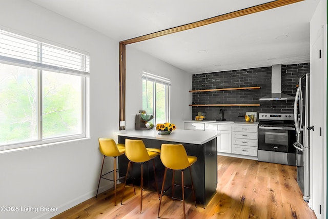 kitchen featuring stainless steel range with electric cooktop, white cabinets, a kitchen breakfast bar, light wood-style flooring, and tasteful backsplash