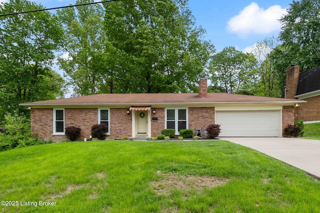 7411 Colt Dr, Louisville, KY 40214 - ranch-style house with a garage, a front lawn, a chimney, brick siding, and driveway