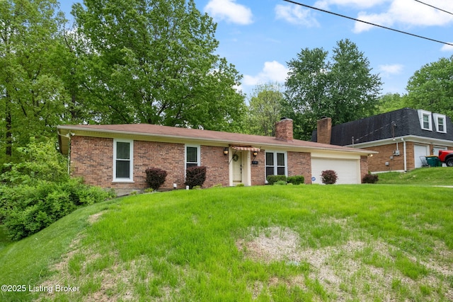 7411 Colt Dr, Louisville, KY 40214 - single story home featuring brick siding, an attached garage, a chimney, and a front yard