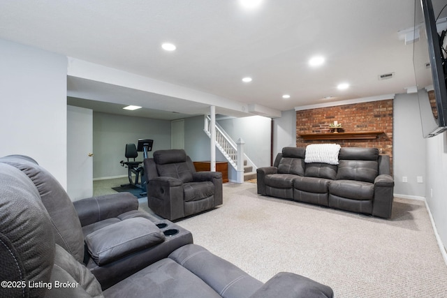 7411 Colt Dr, Louisville, KY 40214 - living area featuring stairway, visible vents, baseboards, and carpet