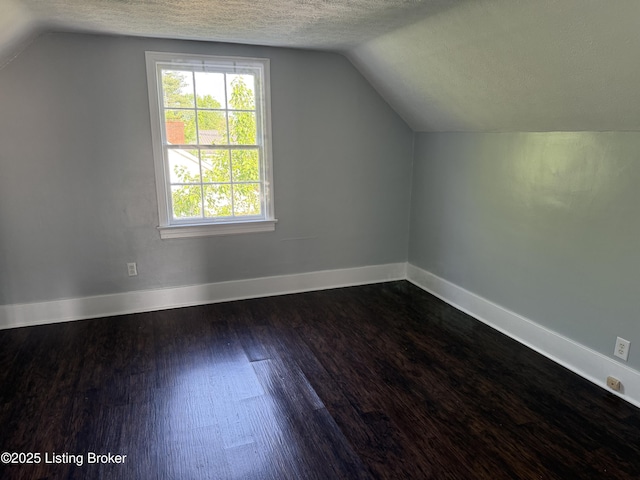 additional living space with dark wood-style flooring, a textured ceiling, baseboards, and lofted ceiling