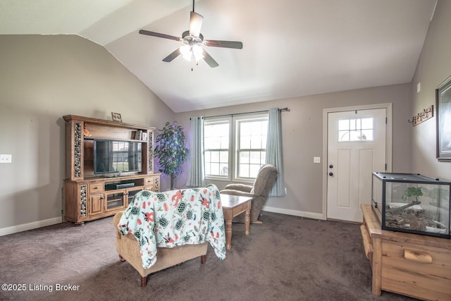 450 Rolling Way, Smiths Grove, KY 42171 - living area featuring carpet floors, a ceiling fan, baseboards, and lofted ceiling