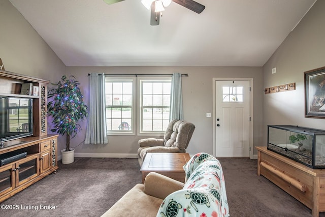 450 Rolling Way, Smiths Grove, KY 42171 - living room with baseboards, carpet, a ceiling fan, and lofted ceiling
