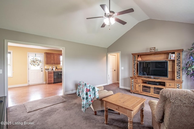 450 Rolling Way, Smiths Grove, KY 42171 - living area featuring vaulted ceiling, carpet floors, baseboards, and a ceiling fan